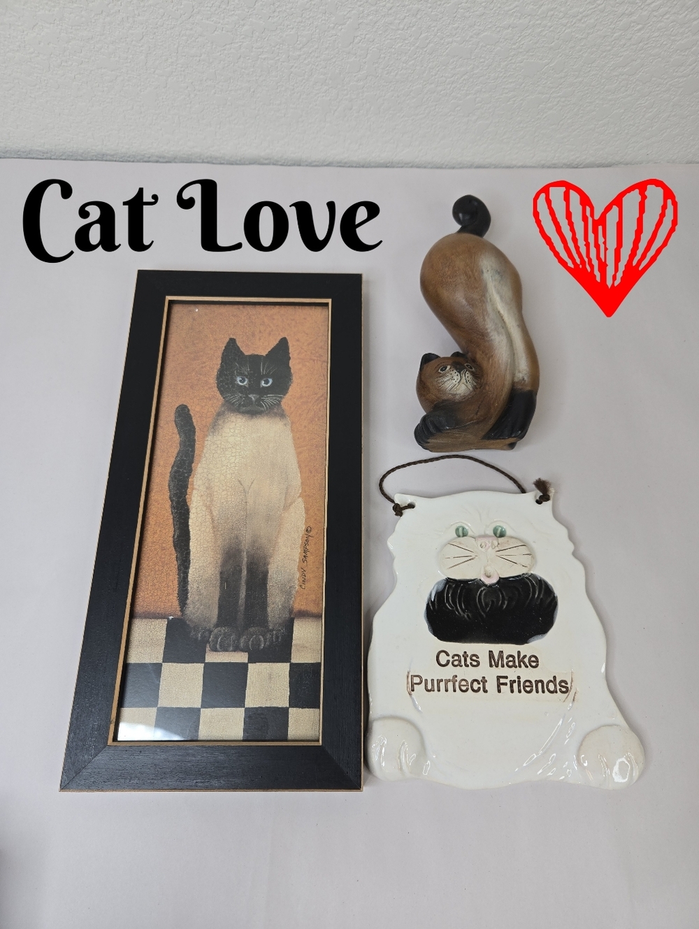 Cat Love Trio Country Cat, Wooden Stretch Cat , Ceramic Cat The Purrfect Friends